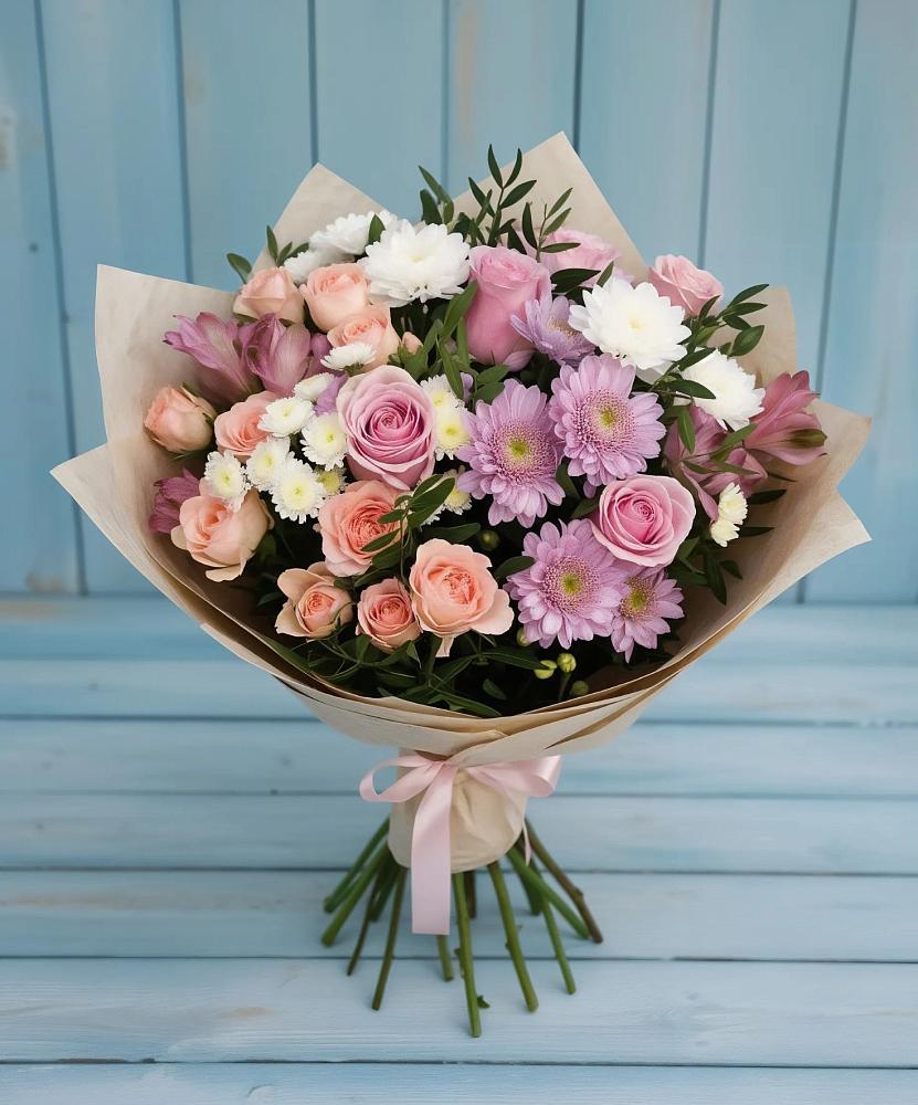 Букет цветов из: Хризантемы, Розы и Альстромерии в Першино