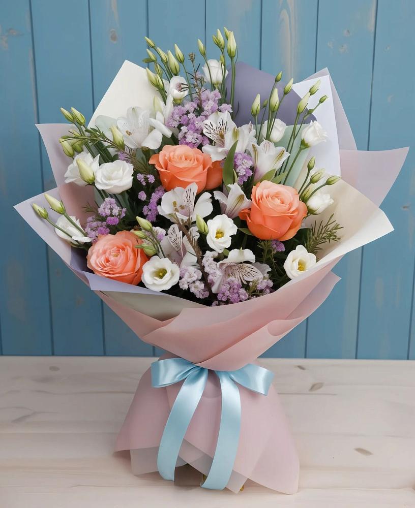 Букет цветов из: Лизиантусы, Розы, Альстромерии и Гипсофила в Першино