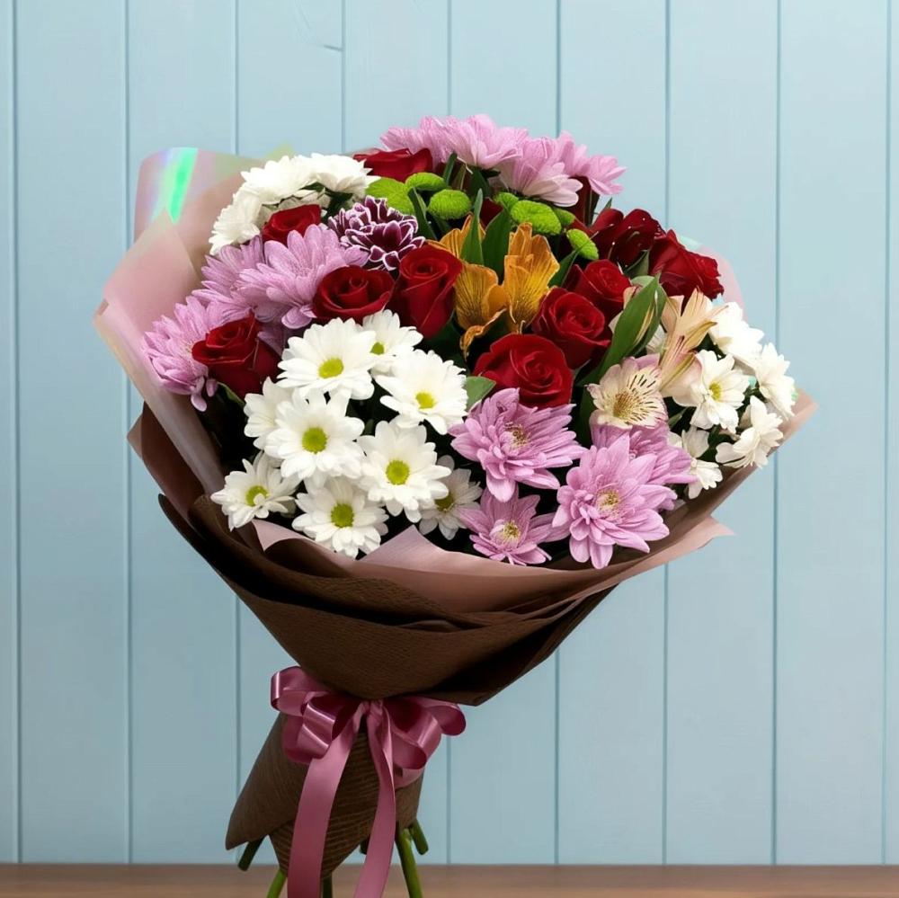 Букет цветов из: Розы, Хризантемы и Альстромерии в Першино
