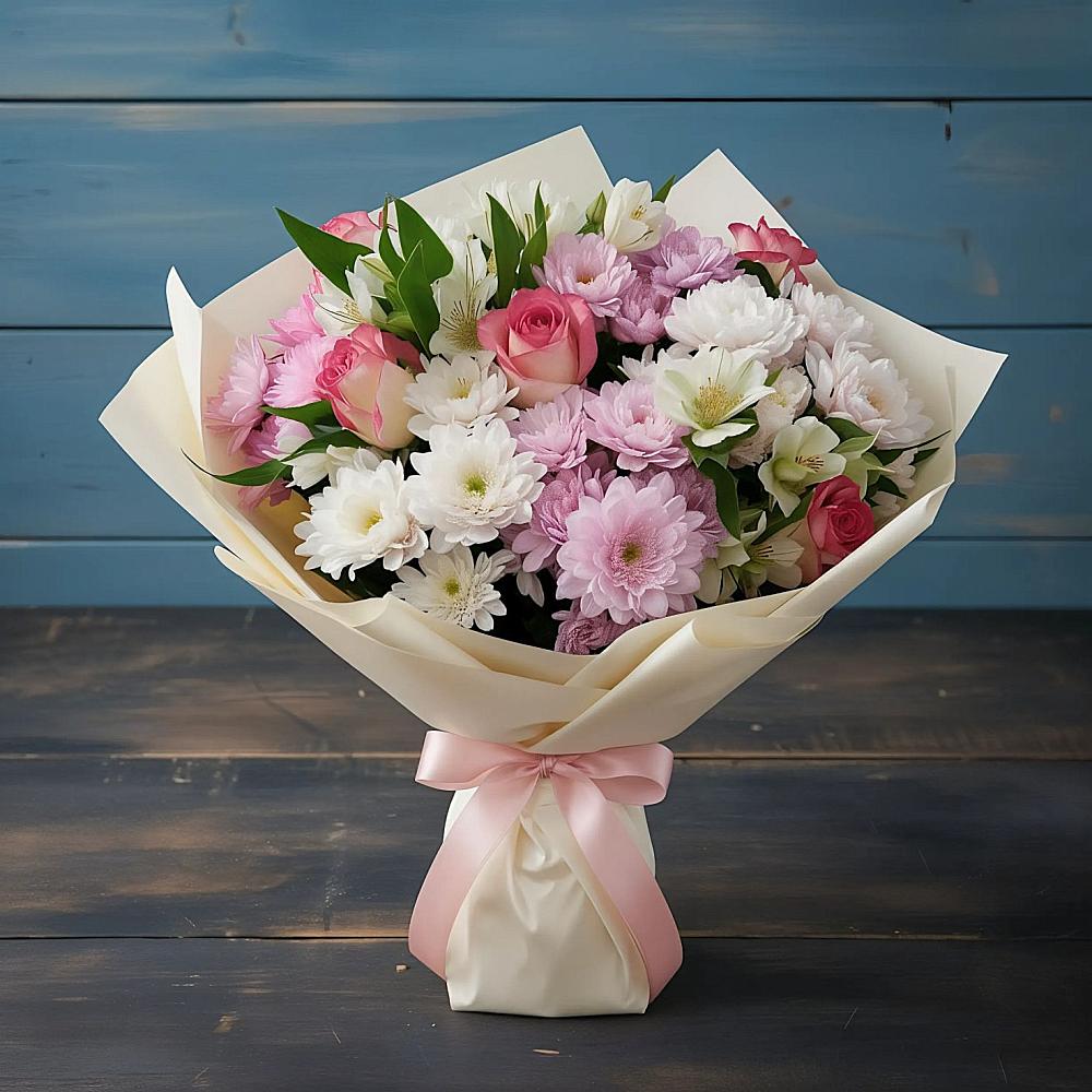 Букет цветов из: Хризантемы, Альстромерии и Розы в Першино